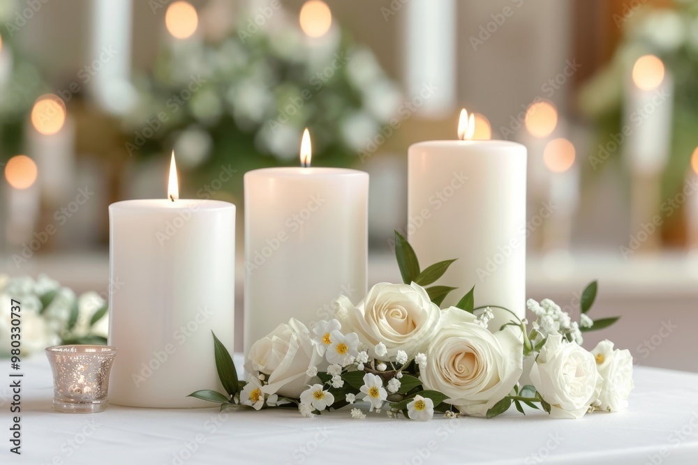 Fototapeta premium Elegant white candles and roses create a serene and peaceful atmosphere, perfect for weddings, memorials, or intimate gatherings.