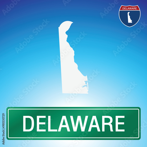 A simple road sign for Delaware with a map of the state in the background. The sign is green with white lettering, and the map is white with a blue gradient background.