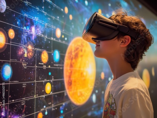 Boy wearing VR headset exploring space.