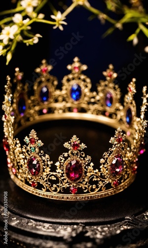 low key image of beautiful queen/king crown. vintage filtered. fantasy medieval period. selective focus. ai generative