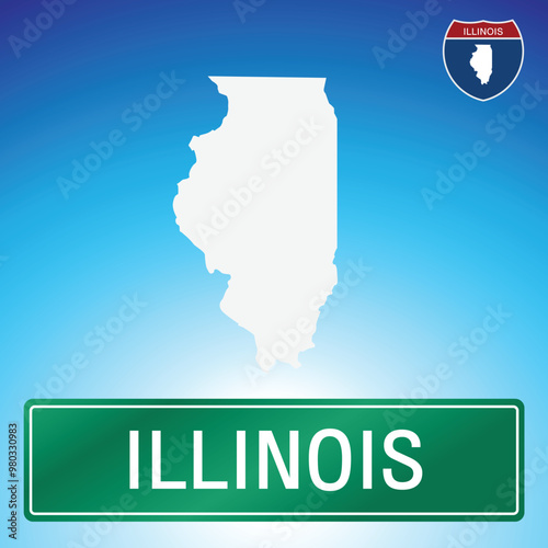 A simple road sign for Illinois with a map of the state in the background. The sign is green with white lettering, and the map is white with a blue gradient background.