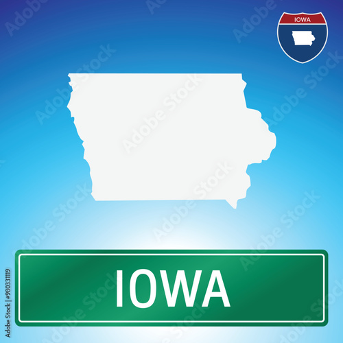 A simple road sign for Iowa with a map of the state in the background. The sign is green with white lettering, and the map is white with a blue gradient background.