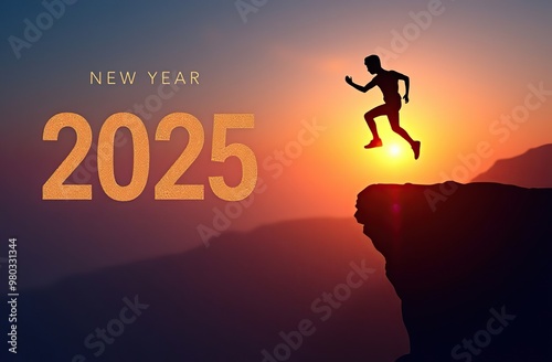 New Year 2025, Inspiration and progress towards new success. Silhouettes of human jumping over cliff towards finish line with text new year 2025 on sunset beautiful 