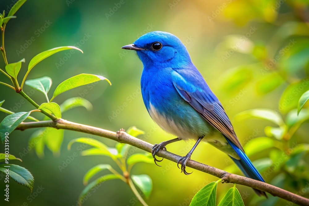 A solitary blue bird perches on a delicate branch, its vibrant feathers glistening in the soft light, surrounded by lush green leaves and gentle twigs. A solitary blue bird perches on a delicate branch, its vibrant feathers glistening in the soft light, surrounded by lush green leaves and gentle twigs.