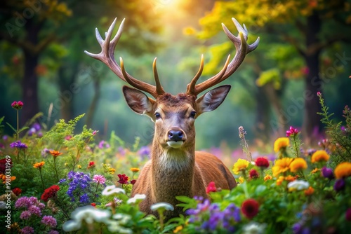 Majestic deer adorned with vibrant colorful flowers in its antlers roaming freely in lush green forest surrounded by blooming flora and fauna in nature. photo