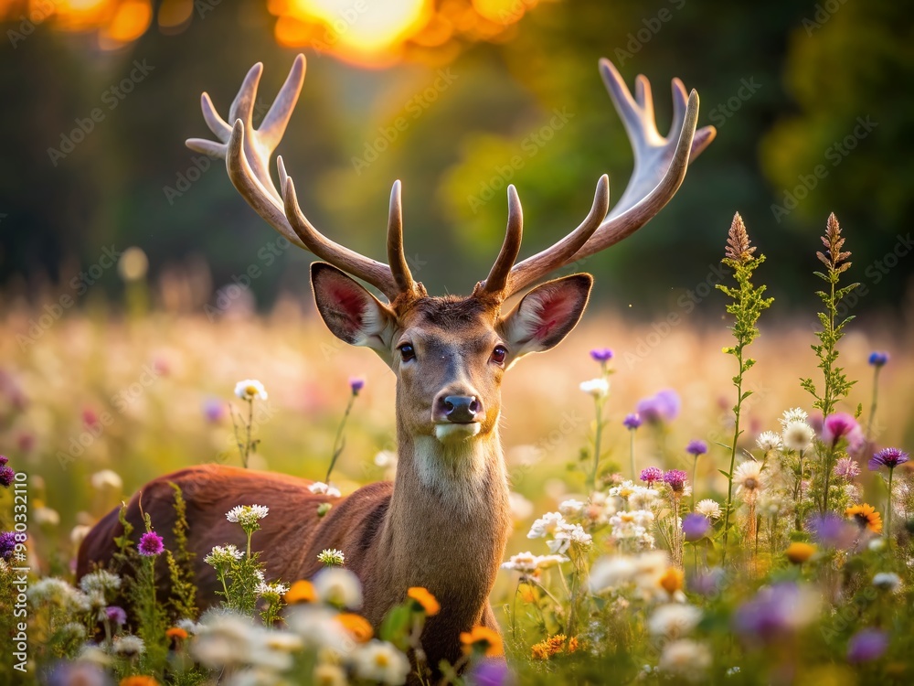 A graceful deer standing elegantly among a field of wildflowers, its antlers adorned with blossoms, creating a serene and enchanting scene. A graceful deer standing elegantly among a field of wildflowers, its antlers adorned with blossoms, creating a serene and enchanting scene.