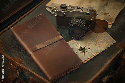 a retro inspired travel arrangement features a vintage camera, sunglasses, and a leather bound notebook photo