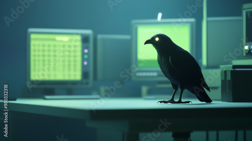 A shadowy lab where scientists study birds, featuring raven with glowing eyes amidst glowing computer screens. atmosphere is mysterious and intriguing photo