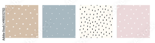 Bohemian Baby pattern. Set of Boho print for kids with stars, hearts and small dashes. Gender Neutral Nursery Cute Ornaments. Vector illustration in flat cartoon style.