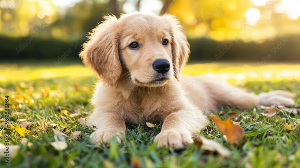 Adorable Golden Retriever Puppy Relaxing in Autumn Meadow Adorable Golden Retriever Puppy Relaxing in Autumn Meadow
