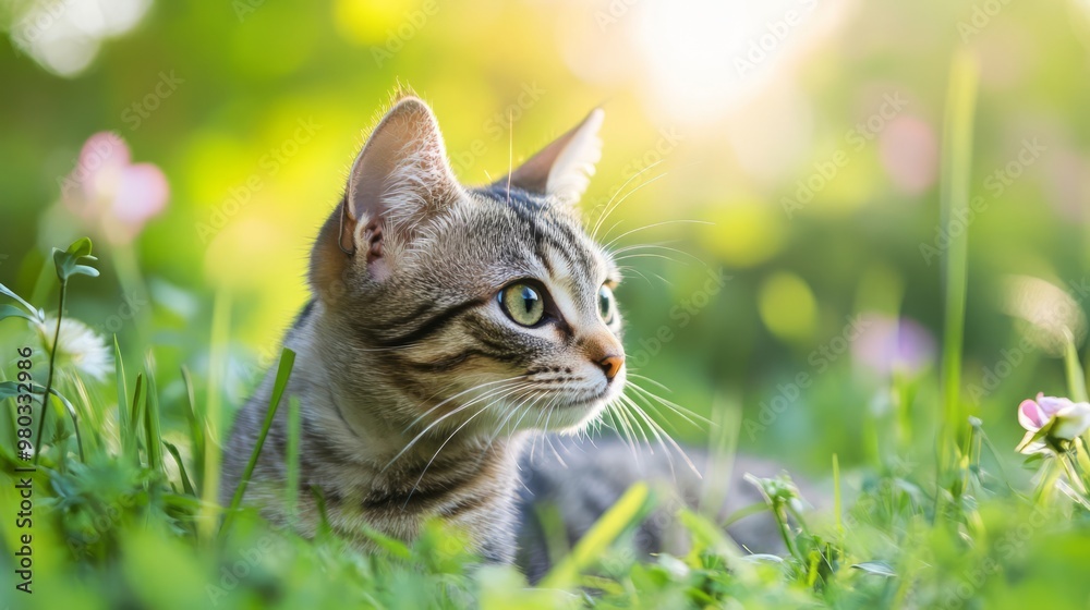 Fototapeta premium Adorable Kitten Exploring Lush Green Meadow in Warm Sunlight