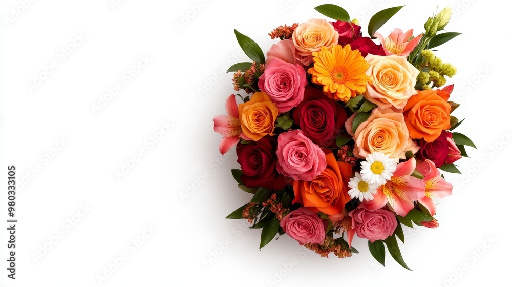 Colorful bouquet of roses, lilies, and daisies arranged in a circular design, top view on solid white background, single object Colorful bouquet of roses, lilies, and daisies arranged in a circular design, top view on solid white background, single object