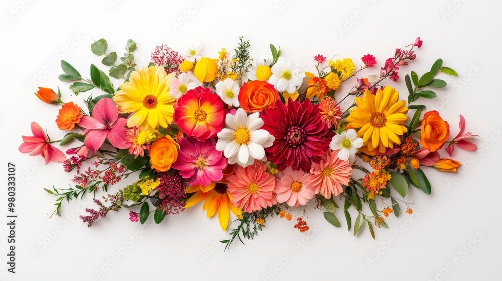 Fototapeta premium Colorful spring flower bouquet, top view, on solid white background, single object