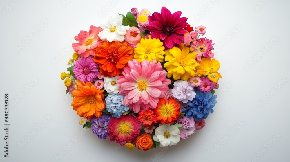 Obraz premium Circular arrangement of colorful spring flowers viewed from above on a solid white background, bright and festive design, single object