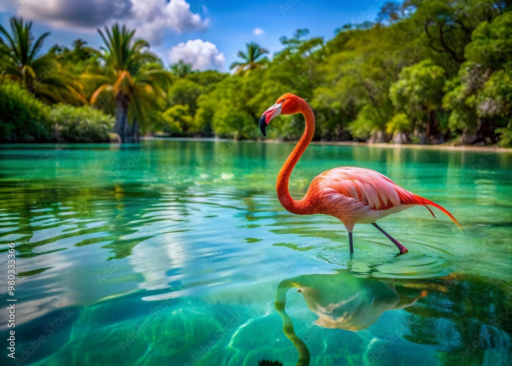 Fototapeta premium Vibrant pink flamingo glides effortlessly through calm, crystal-clear turquoise water, its elegant neck curved, surrounded by lush green vegetation in a serene natural setting.