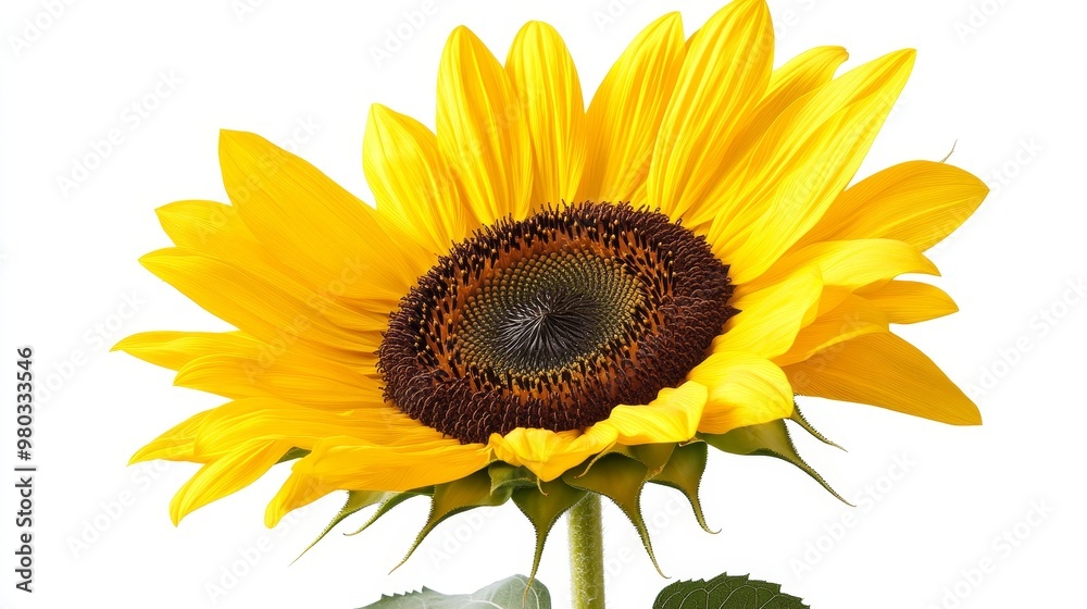 Fototapeta premium Close-up of a sunflower in full bloom, isolated on solid white background, vibrant yellow petals and dark brown center, perfect for summer-themed designs.