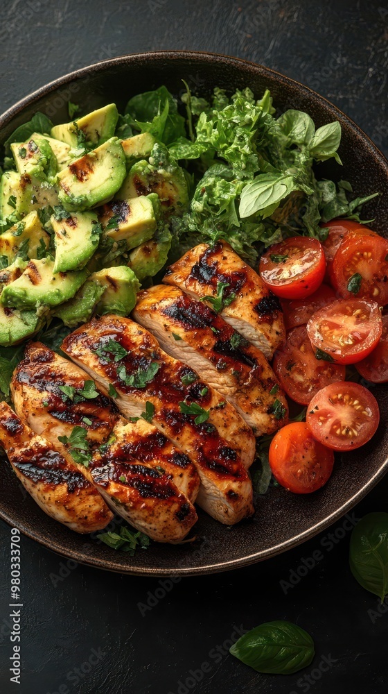 gourmet plate featuring grilled chicken vibrant tomato and creamy avocado salad focus on textures colors and artful presentation fresh and appetizing gourmet plate featuring grilled chicken vibrant tomato and creamy avocado salad focus on textures colors and artful presentation fresh and appetizing
