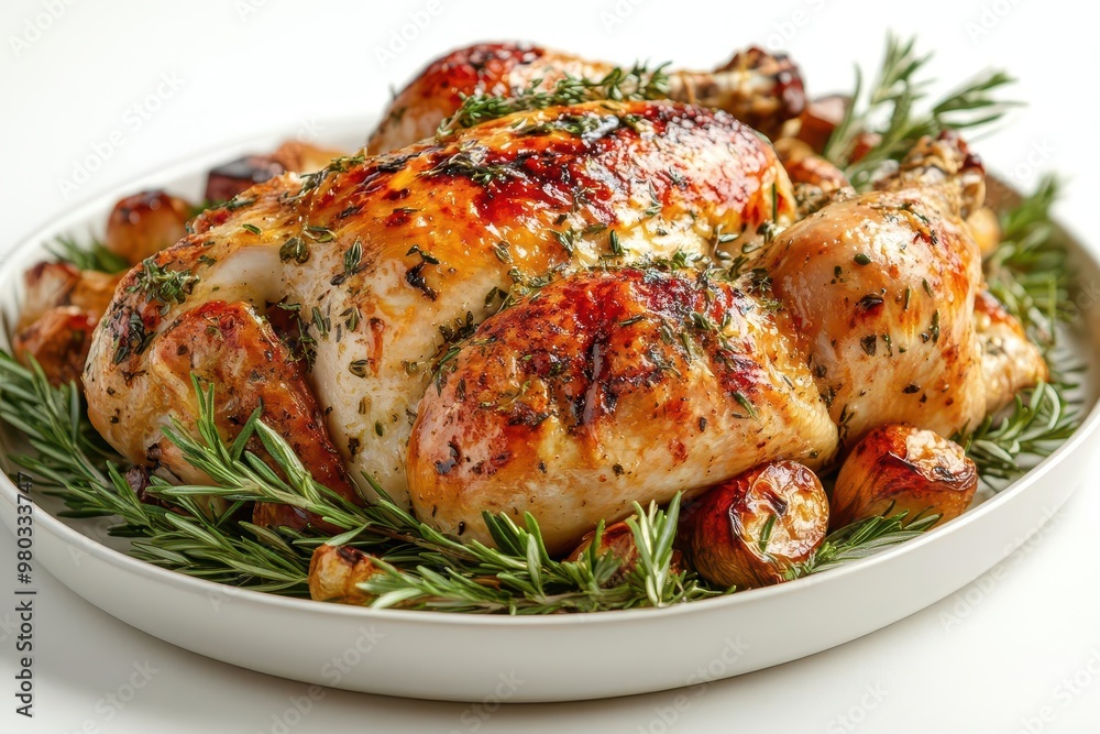 gourmet roasted turkey centerpiece on elegant white platter goldenbrown skin garnished with herbs ready for holiday feast isolated on clean background