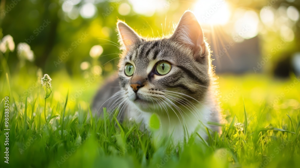 Adorable Domestic Cat Relaxing in Lush Green Meadow with Warm Sunlight Adorable Domestic Cat Relaxing in Lush Green Meadow with Warm Sunlight