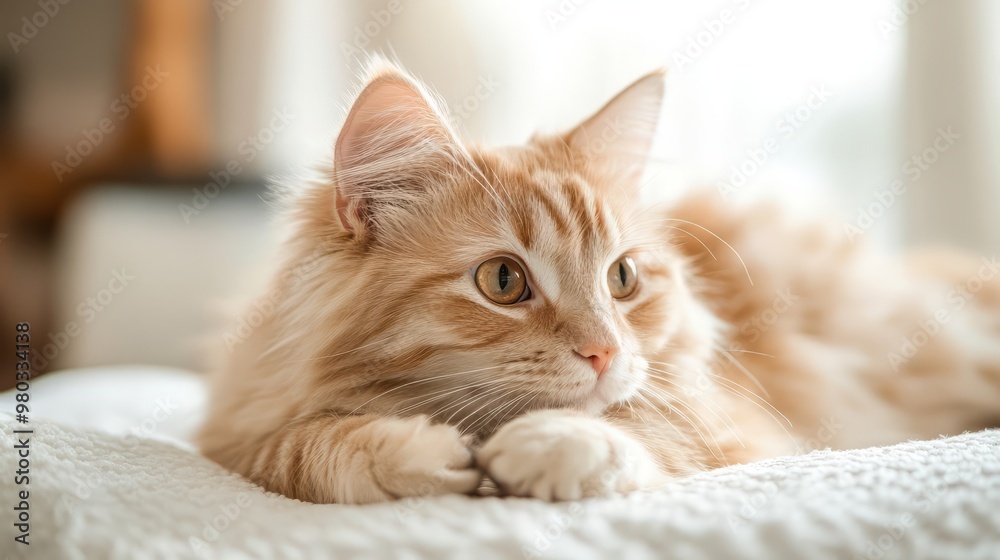 Adorable Tabby Cat Relaxing on Cozy Fabric Sofa at Home Adorable Tabby Cat Relaxing on Cozy Fabric Sofa at Home