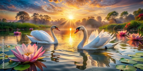 Fototapeta Naklejka Na Ścianę i Meble -  Serene swans glide across tranquil water, surrounded by vibrant lotus and lily flowers, as warm sunlight refracts, casting a kaleidoscope of colors, reminiscent of a peaceful sunset.