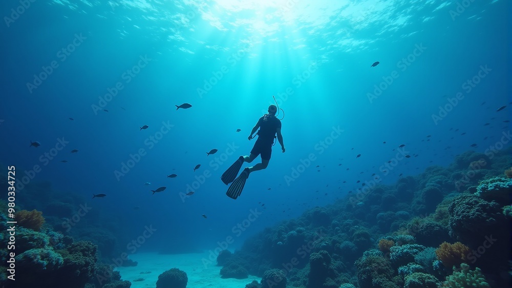a diver is swimming in a large coral reef with many tropical fish. a diver is swimming in a large coral reef with many tropical fish.