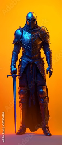 Medieval Knight in Blue Armor with Sword.