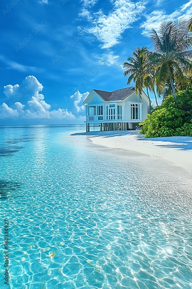 A white house on stilts sits on a pristine beach with clear blue water, palm trees, and a bright blue sky. A white house on stilts sits on a pristine beach with clear blue water, palm trees, and a bright blue sky.