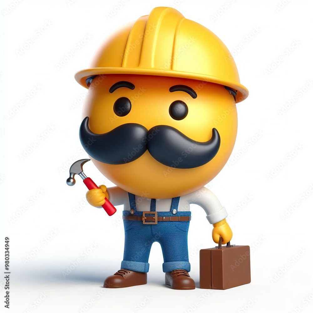 3D Happy one mustachioed emoji as a Construction Worker, white background 3D Happy one mustachioed emoji as a Construction Worker, white background