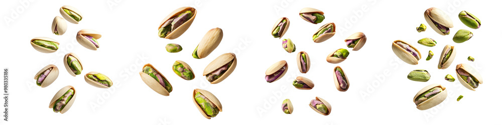 Fototapeta premium Various pistachio nuts arranged artistically, showcasing their vibrant colors and unique shapes, perfect for culinary designs. transparent background
