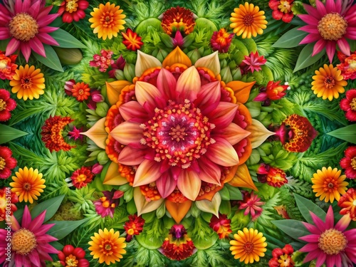 Vibrant botanical background featuring a kaleidoscope of colorful exotic flowers and leaves in pink, red, orange, yellow, and pink-red hues amidst lush green foliage.