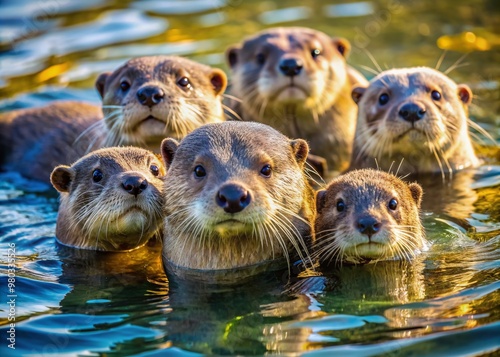 Adorable family of playful otters swim and frolic together in crystal clear water, their whiskers twitching and fur glistening in the warm sunlight.