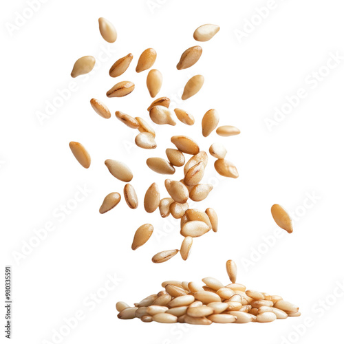 A beautiful display of sesame seeds falling gracefully onto a pile, showcasing their natural texture and light color. transparent background