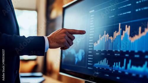 Businessman Analyzing Financial Data On Computer Screen. Growth, Success, Financial Analysis Concept.