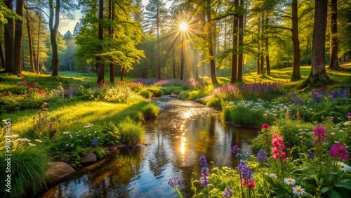 Serene woodland clearing with dappled sunlight filtering through lush greenery, vibrant wildflowers, and a gentle stream flowing peacefully through the blossoming forest landscape.