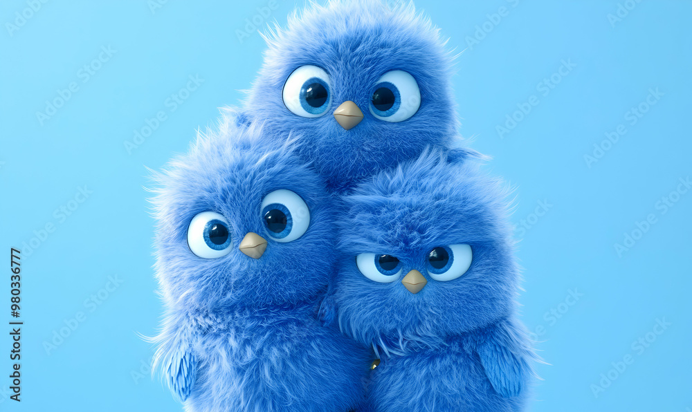 Three fluffy blue birds with big eyes, one looks grumpy, one looks ...