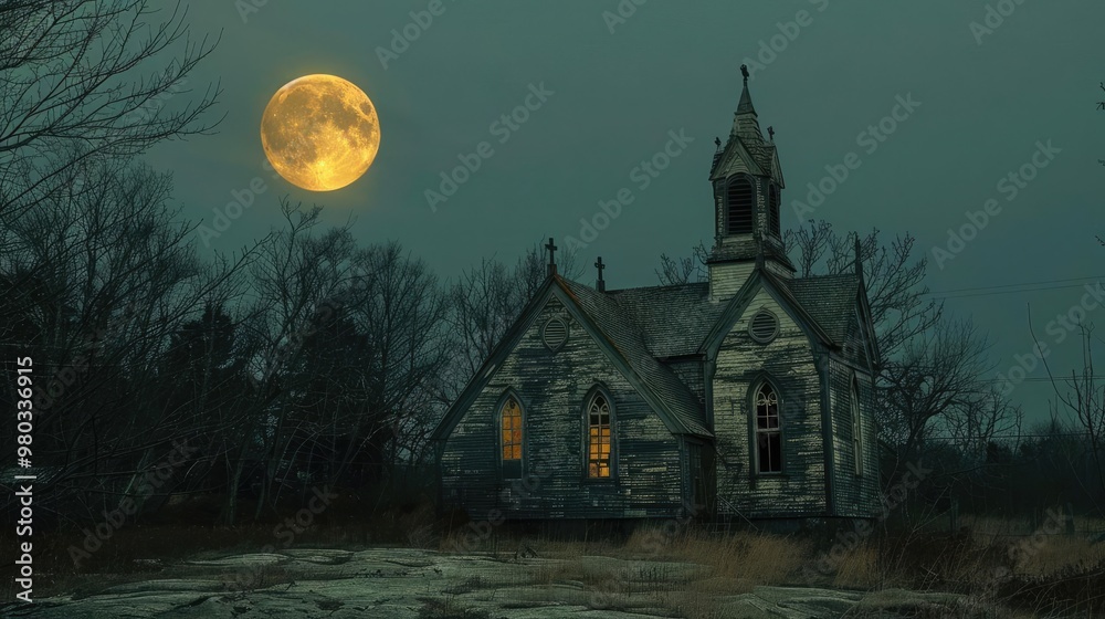 A small church stands against the backdrop of a large, orange moon. A small church stands against the backdrop of a large, orange moon.