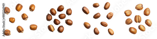 A collection of raw coffee beans arranged in various patterns on a dark surface, representing quality and freshness. transparent background