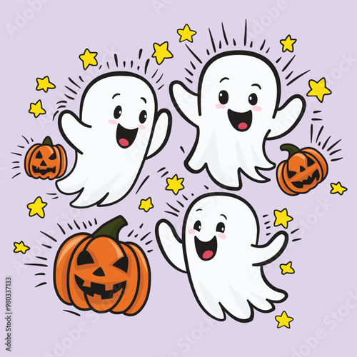 This is a cute cartoon of ghost with pumpkin in Halloween festival.