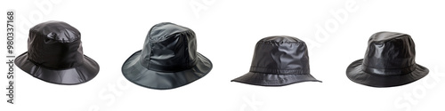 A collection of stylish black bucket hats displaying different textures and designs, perfect for fashion or outdoor activities. transparent background