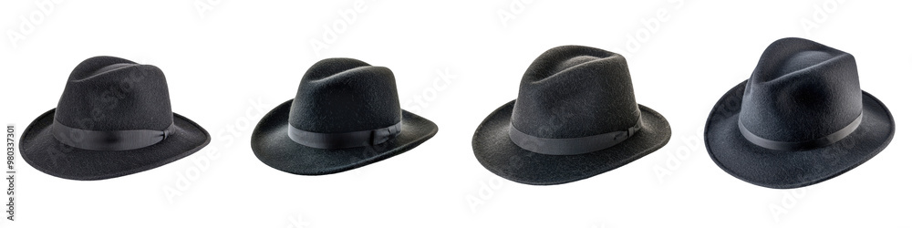 A collection of stylish black hats displayed in a row, perfect for fashion enthusiasts and accessory lovers. transparent background A collection of stylish black hats displayed in a row, perfect for fashion enthusiasts and accessory lovers. transparent background