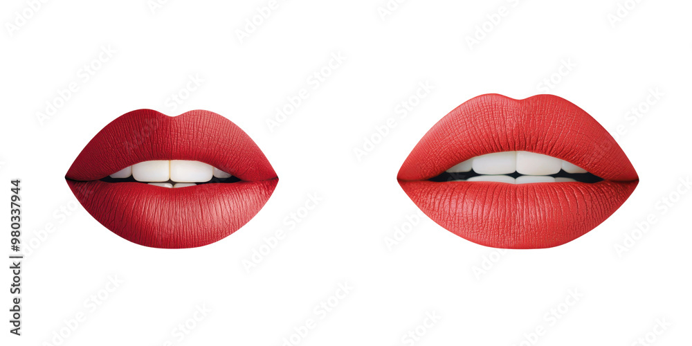 A stunning close-up of two pairs of painted lips showcasing vibrant red colors and a glossy finish, perfect for beauty themes. transparent background A stunning close-up of two pairs of painted lips showcasing vibrant red colors and a glossy finish, perfect for beauty themes. transparent background