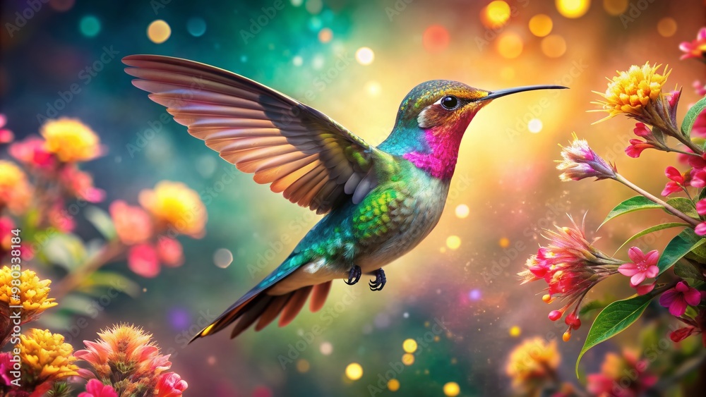 Obraz premium Vibrant hummingbird flutters amidst radiant blooms, iridescent feathers shimmering as it performs whimsical dance, surrounded by lush foliage and delicate sparkling flower petals.