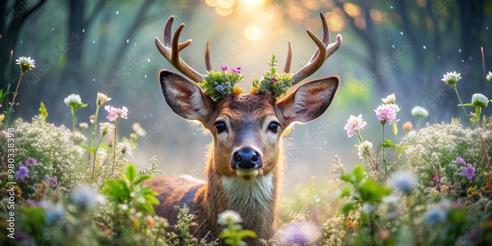 Delicate morning mist envelops a curious young deer peeking from behind, its majestic antlers adorned with dewy wildflowers, radiating innocence and serenity in a mystical forest. Delicate morning mist envelops a curious young deer peeking from behind, its majestic antlers adorned with dewy wildflowers, radiating innocence and serenity in a mystical forest.