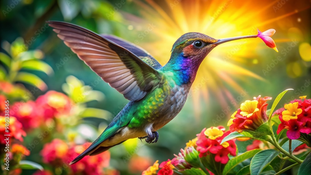 Fototapeta premium Vibrant hummingbird with iridescent feathers sips nectar from a kaleidoscope of colorful flowers in a lush, sun-drenched tropical garden surrounded by lush greenery.