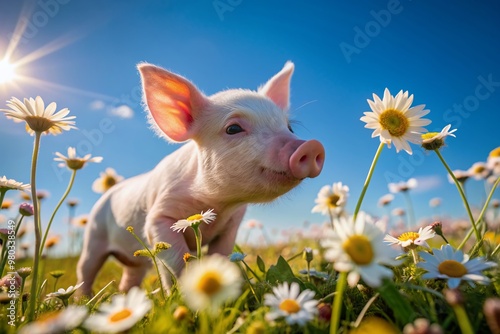 Adorable piglet sniffs and snuffles through a vibrant field of white daisies with yellow centers, on a sunny day with a clear blue sky surroundings. photo