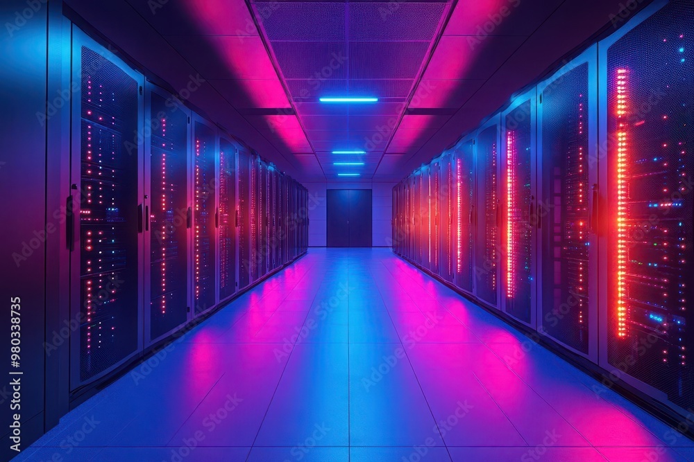 hightech data center with rows of sleek server racks cool blue lighting ...