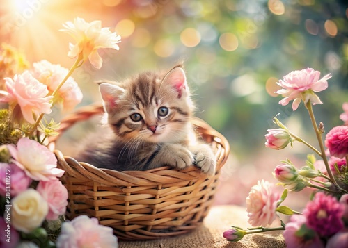 Whimsical adorable kitten snuggles in a delicate wicker basket surrounded by soft pastel flowers, bathed in warm gentle light, exuding innocence and serenity.