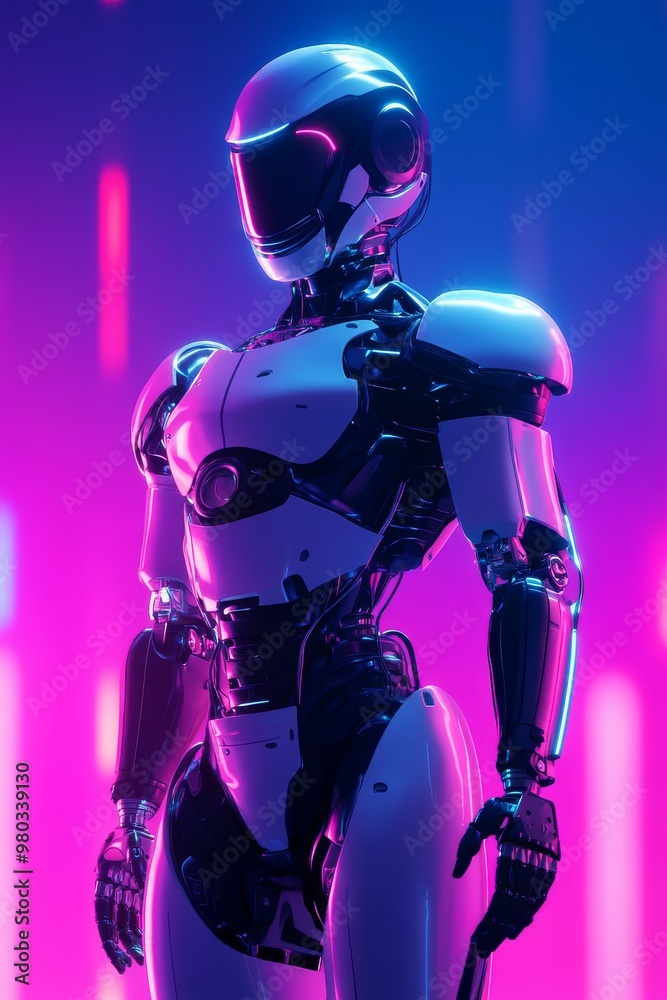 Naklejka premium Futuristic Robot in Neon Light.