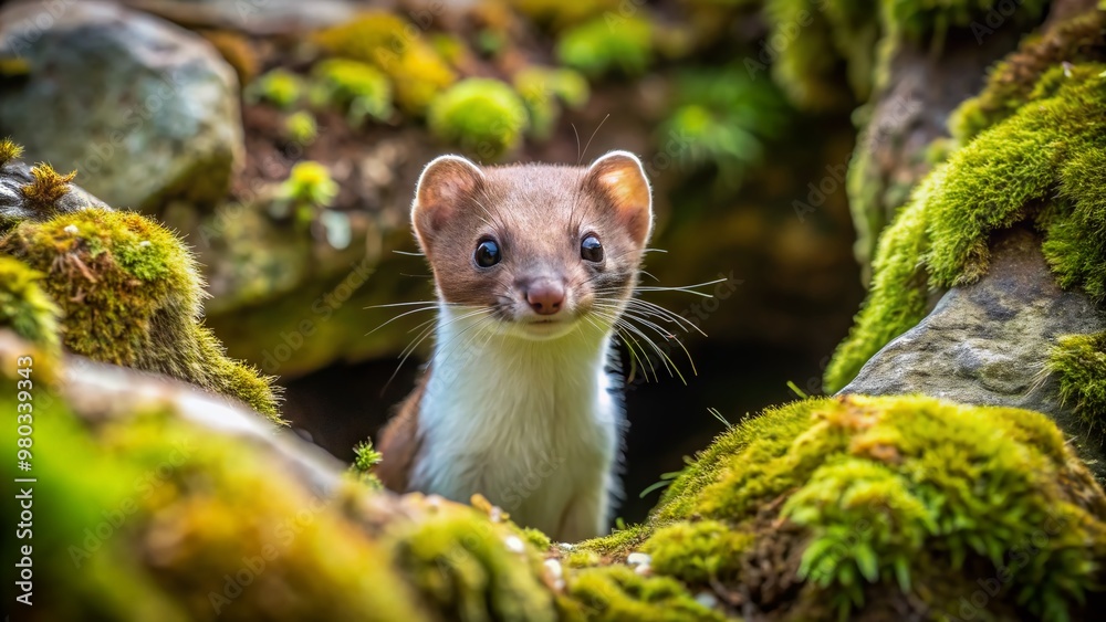 Adorable weasel cautiously emerges from hidden underground den, surrounded by moss-covered rocks and earthy tones, showcasing its curiosity and natural habitat. Adorable weasel cautiously emerges from hidden underground den, surrounded by moss-covered rocks and earthy tones, showcasing its curiosity and natural habitat.